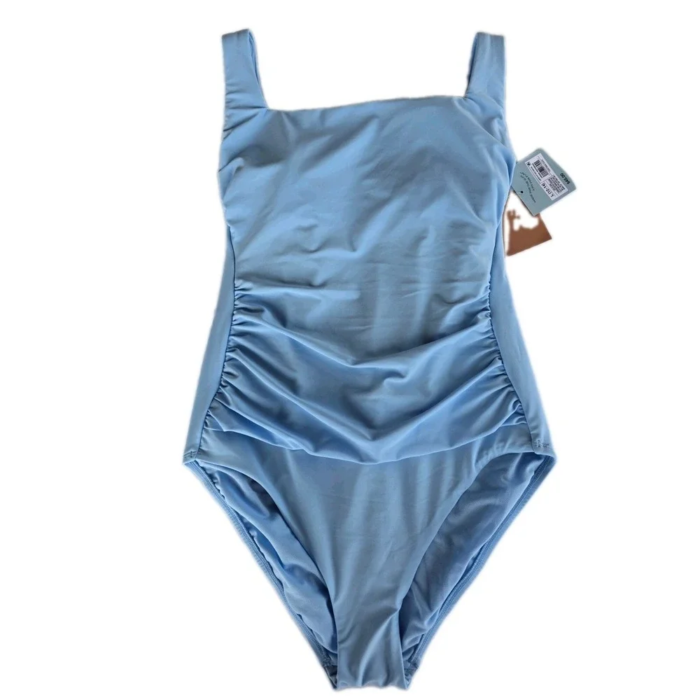 Shade & Shore Light Blue Ruched Square Neck Tummy Control One-Piece Suit L (343)